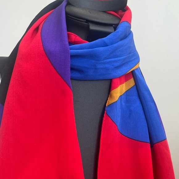 Ginnie Johansen Geometric Modern Art Bold Silk Scarf Red Blue Gold - Picture 3 of 10